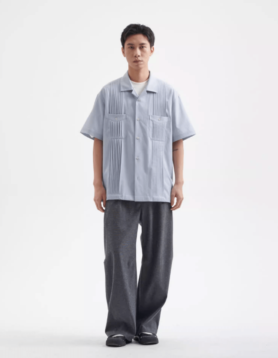Pleat Detail Shirt / 繊細アコーディオンプリーツ メンズ開襟シャツ 上品 光沢感 N5357 - ファッション通販 NNine(ナイン)