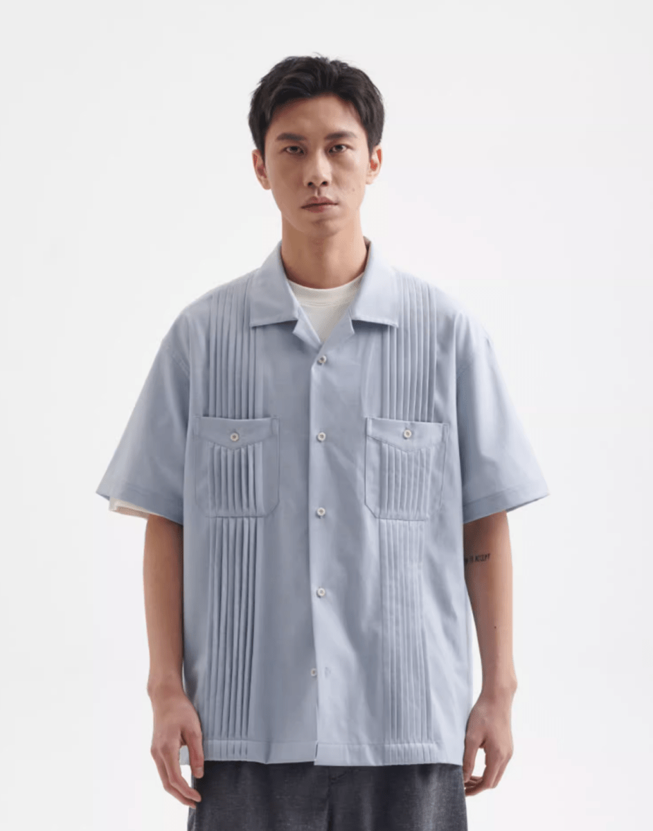 Pleat Detail Shirt / 繊細アコーディオンプリーツ メンズ開襟シャツ 上品 光沢感 N5357 - ファッション通販 NNine(ナイン)