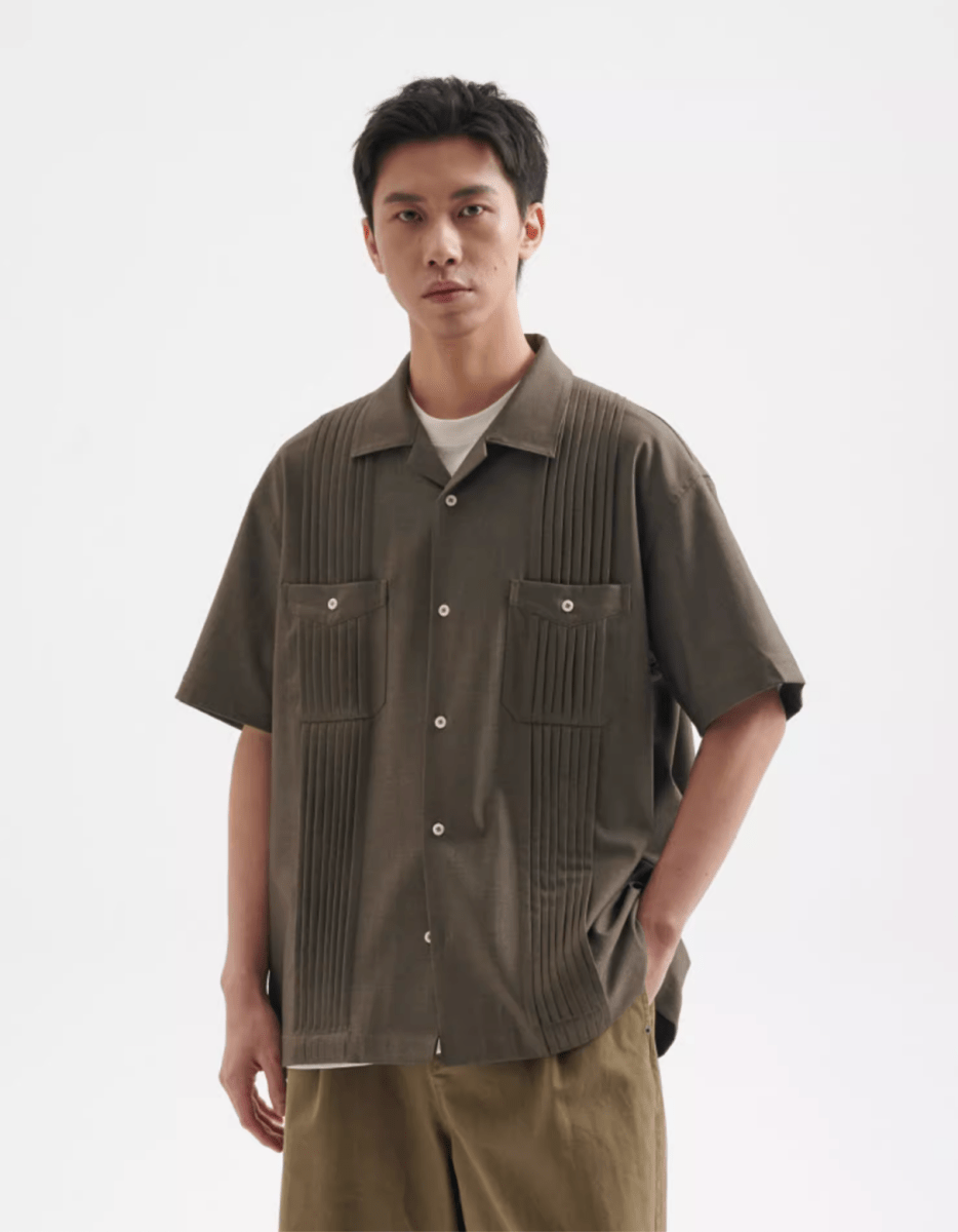Pleat Detail Shirt / 繊細アコーディオンプリーツ メンズ開襟シャツ 上品 光沢感 N5357 - ファッション通販 NNine(ナイン)