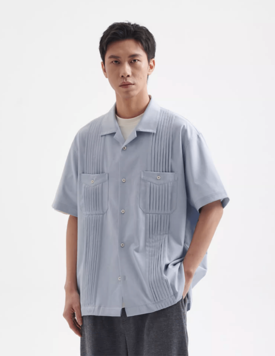 Pleat Detail Shirt / 繊細アコーディオンプリーツ メンズ開襟シャツ 上品 光沢感 N5357 - ファッション通販 NNine(ナイン)