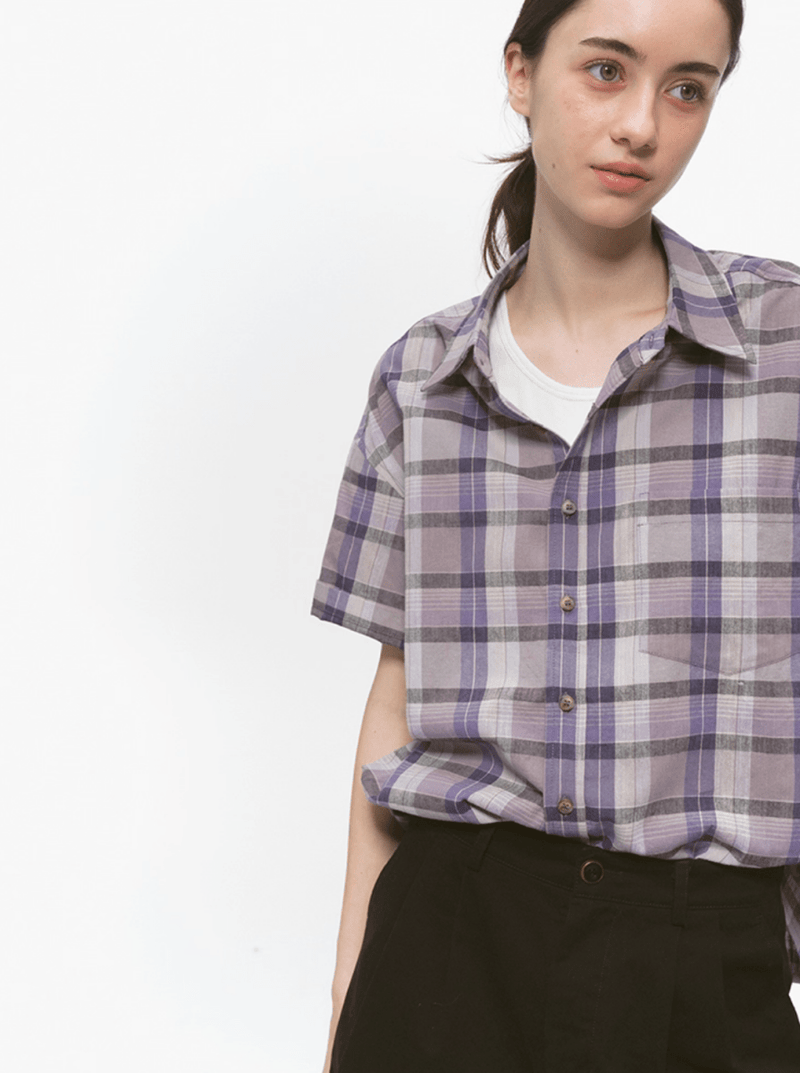 パープルチェック半袖シャツ オーバーサイズ / Purple Check Shirt N5537 - ファッション通販NNine（ナイン）