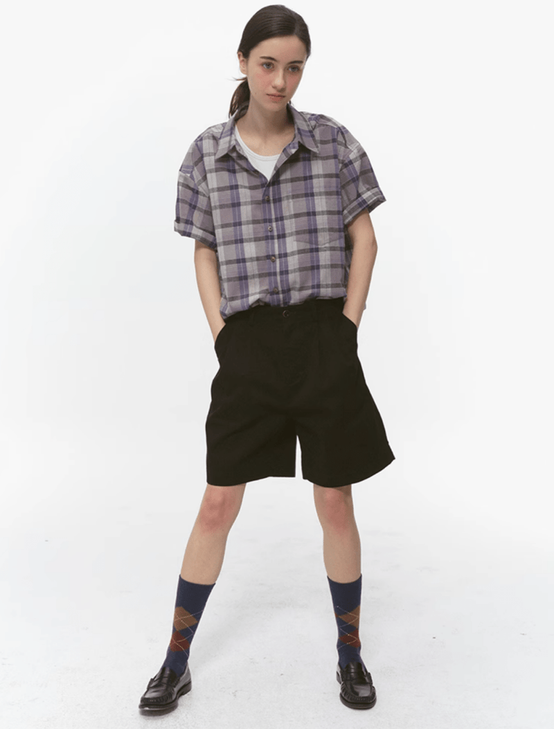 パープルチェック半袖シャツ オーバーサイズ / Purple Check Shirt N5537 - ファッション通販NNine（ナイン）