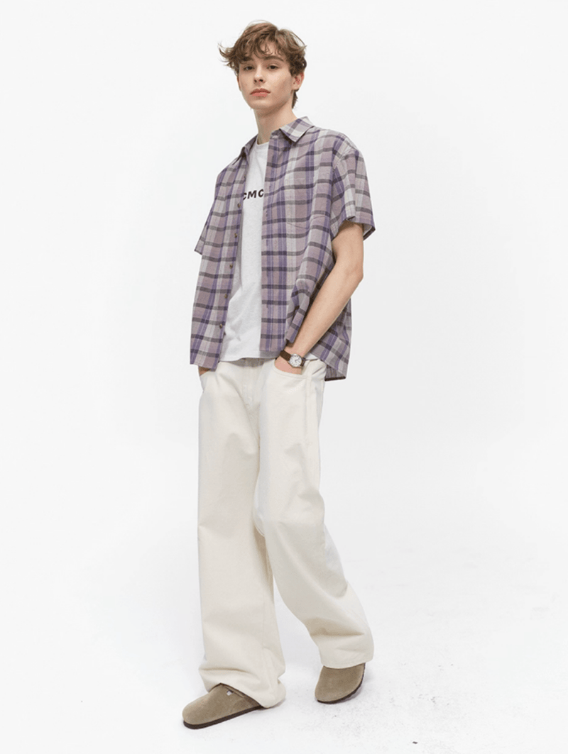 パープルチェック半袖シャツ オーバーサイズ / Purple Check Shirt N5537 - ファッション通販NNine（ナイン）