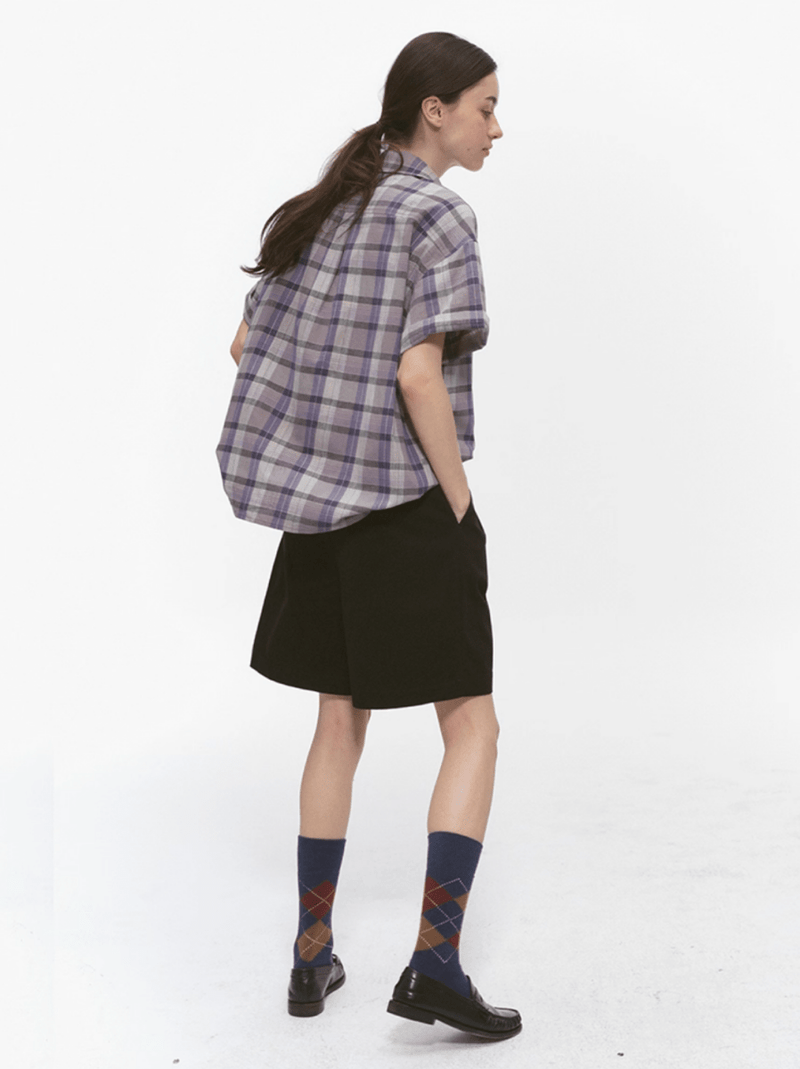 パープルチェック半袖シャツ オーバーサイズ / Purple Check Shirt N5537 - ファッション通販NNine（ナイン）