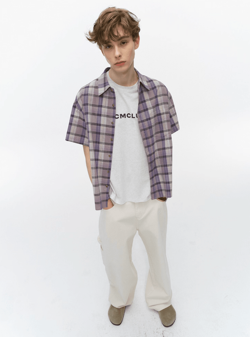 パープルチェック半袖シャツ オーバーサイズ / Purple Check Shirt N5537 - ファッション通販NNine（ナイン）