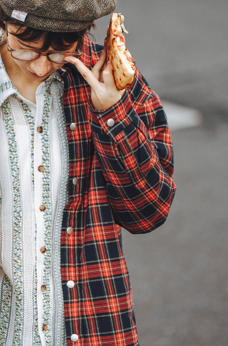 red check shirt / オーバーサイズレギュラーカラー長袖ネルシャツ N4553 - NNine