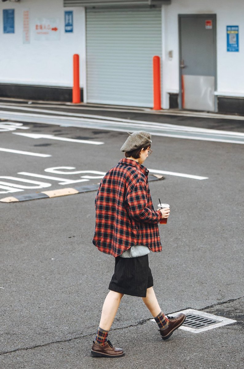 red check shirt / オーバーサイズレギュラーカラー長袖ネルシャツ N4553 - NNine