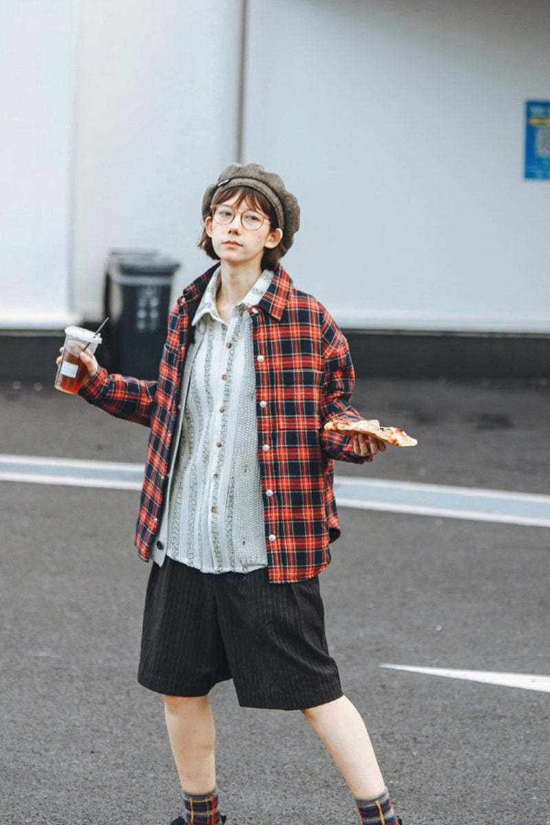 red check shirt / オーバーサイズレギュラーカラー長袖ネルシャツ N4553 - NNine