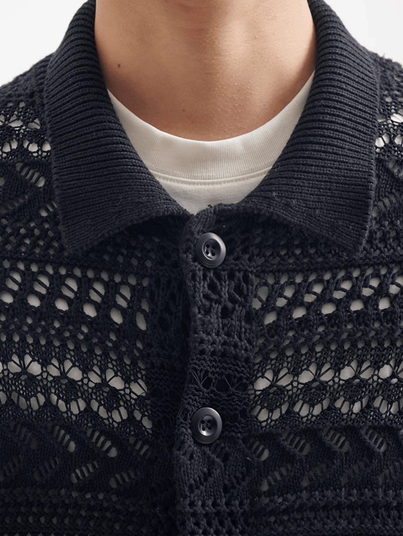 Sheer Knit Shirt Polo Collar / シアーニット シャツ 半袖 ポロ襟 透かし編み N5367 - ファッション通販 NNine(ナイン)
