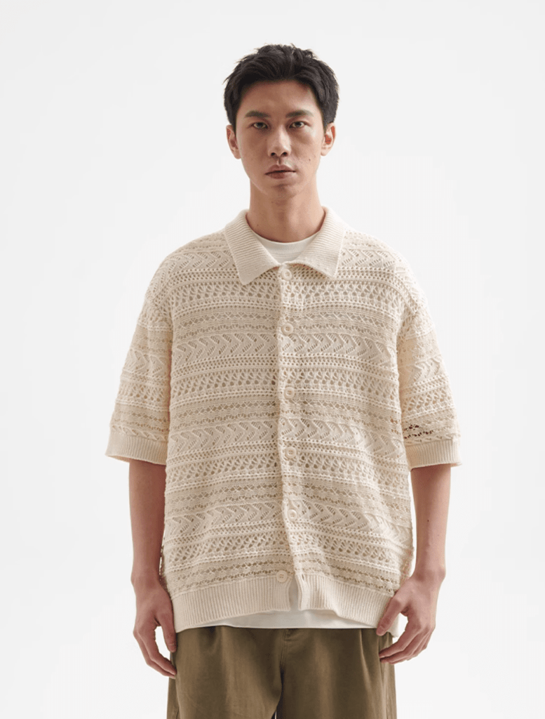 Sheer Knit Shirt Polo Collar / Sheer Knit Shirt, short sleeves, polo collar, openwork N5367