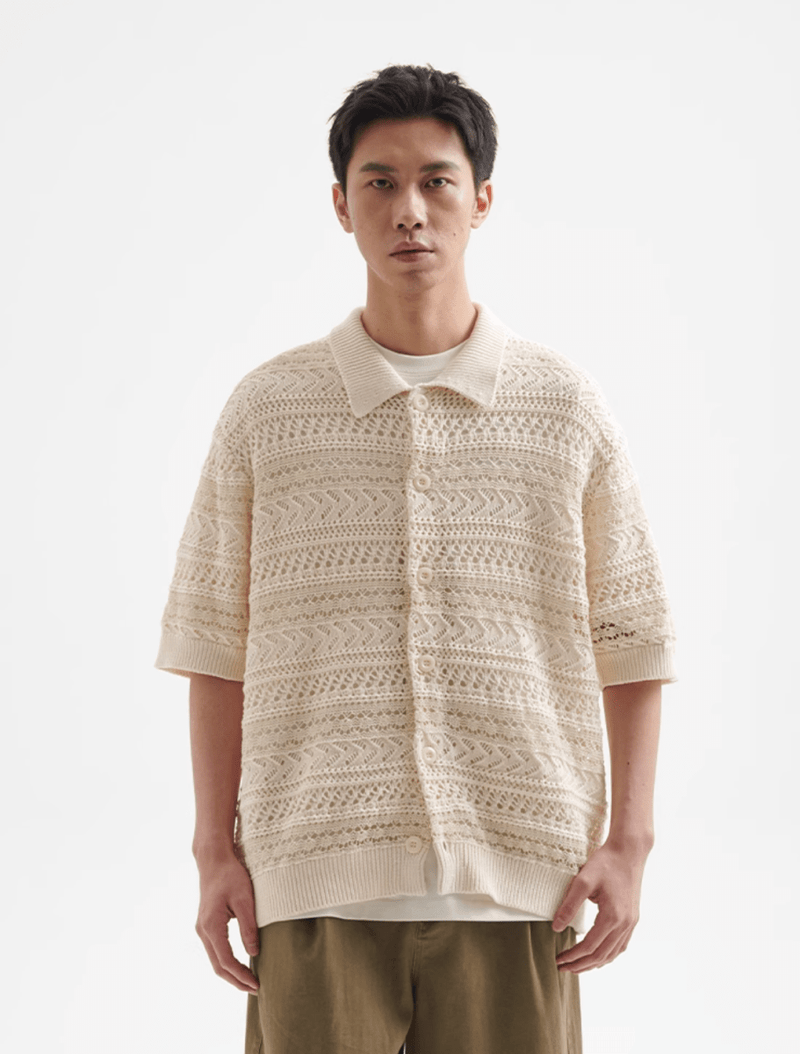 Sheer Knit Shirt Polo Collar / シアーニット シャツ 半袖 ポロ襟 透かし編み N5367 - ファッション通販 NNine(ナイン)