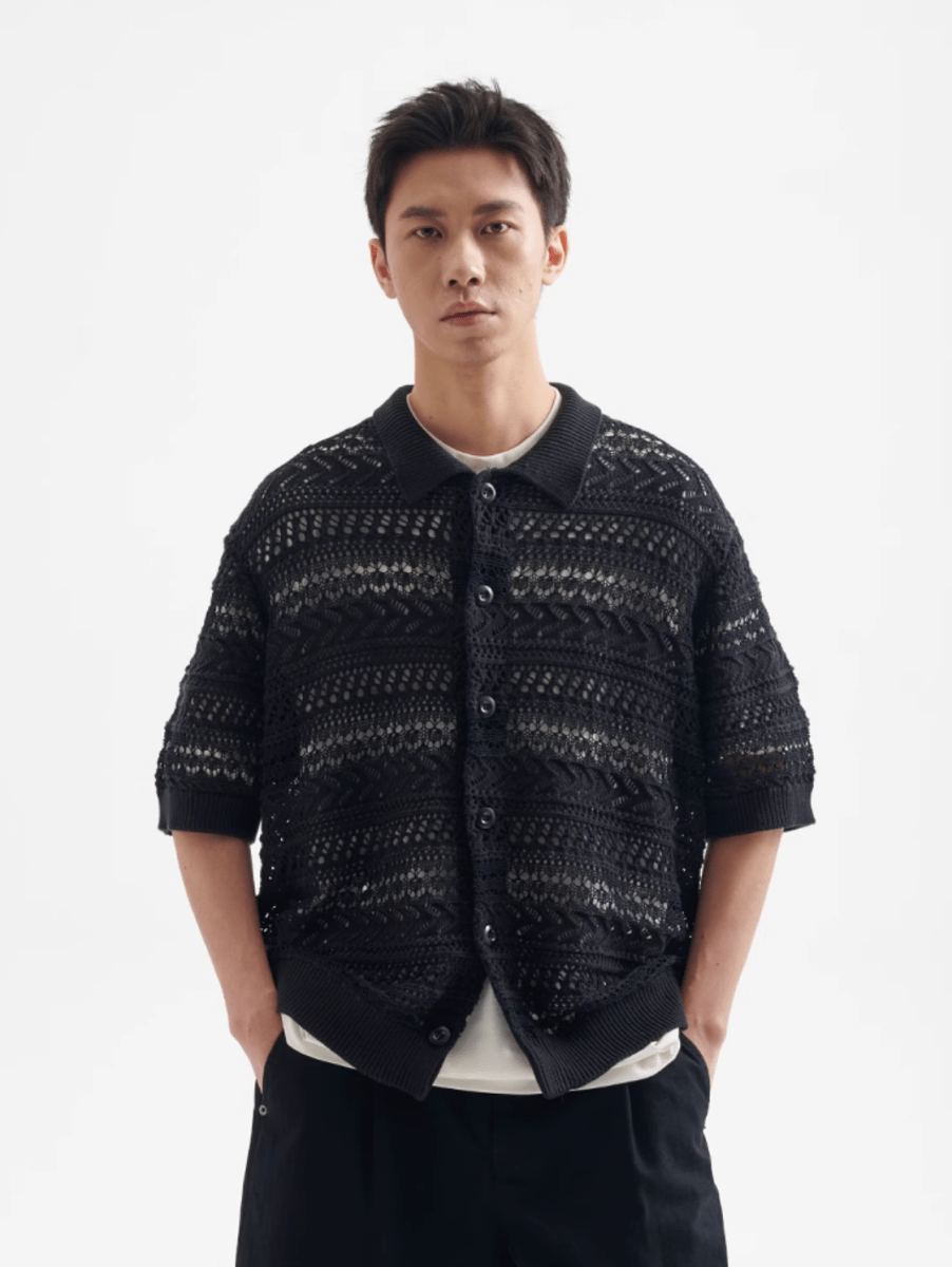 Sheer Knit Shirt Polo Collar / シアーニット シャツ 半袖 ポロ襟 透かし編み N5367 - ファッション通販 NNine(ナイン)
