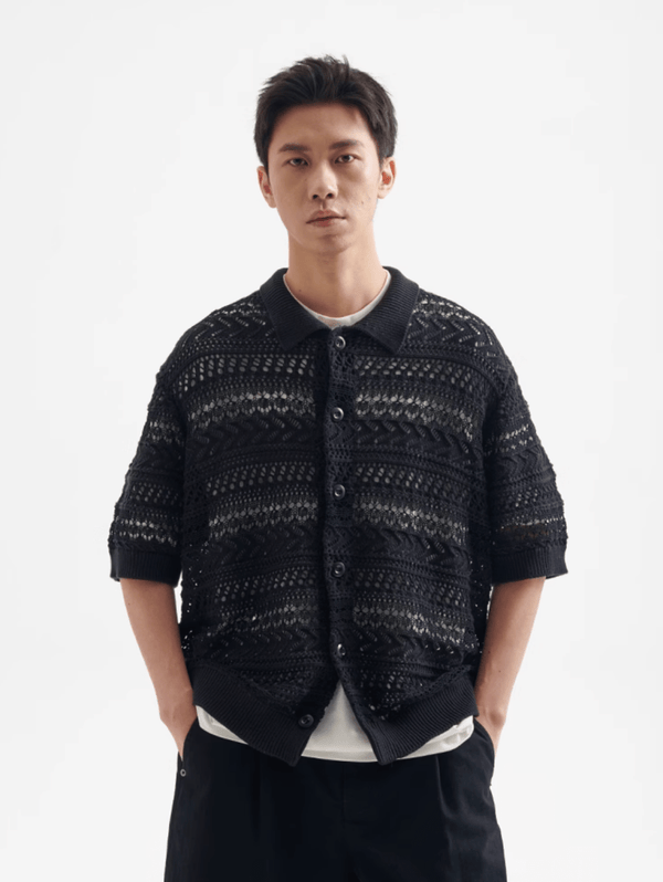 Sheer Knit Shirt Polo Collar / シアーニット シャツ 半袖 ポロ襟 透かし編み N5367 - ファッション通販 NNine(ナイン)
