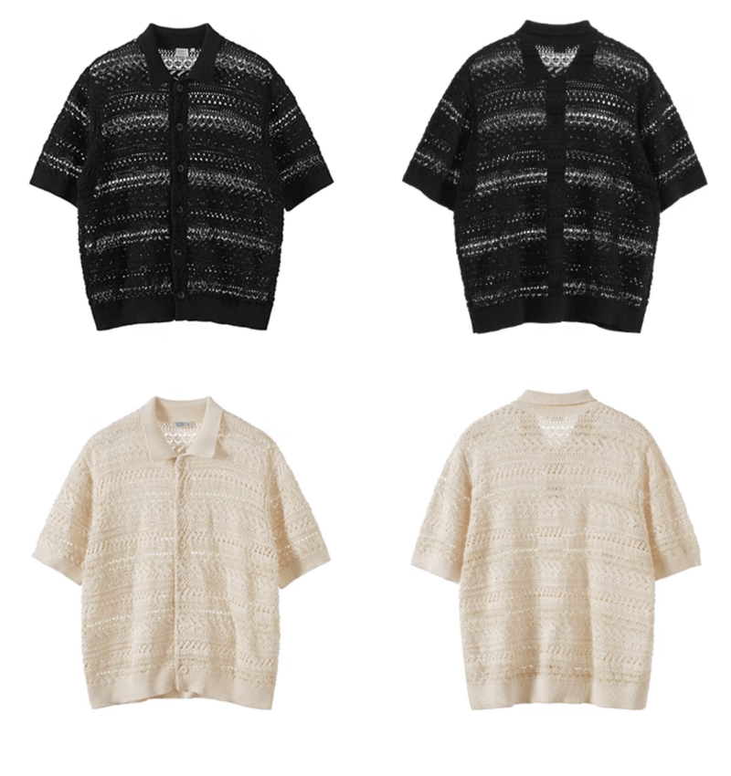 Sheer Knit Shirt Polo Collar / シアーニット シャツ 半袖 ポロ襟 透かし編み N5367 - ファッション通販 NNine(ナイン)