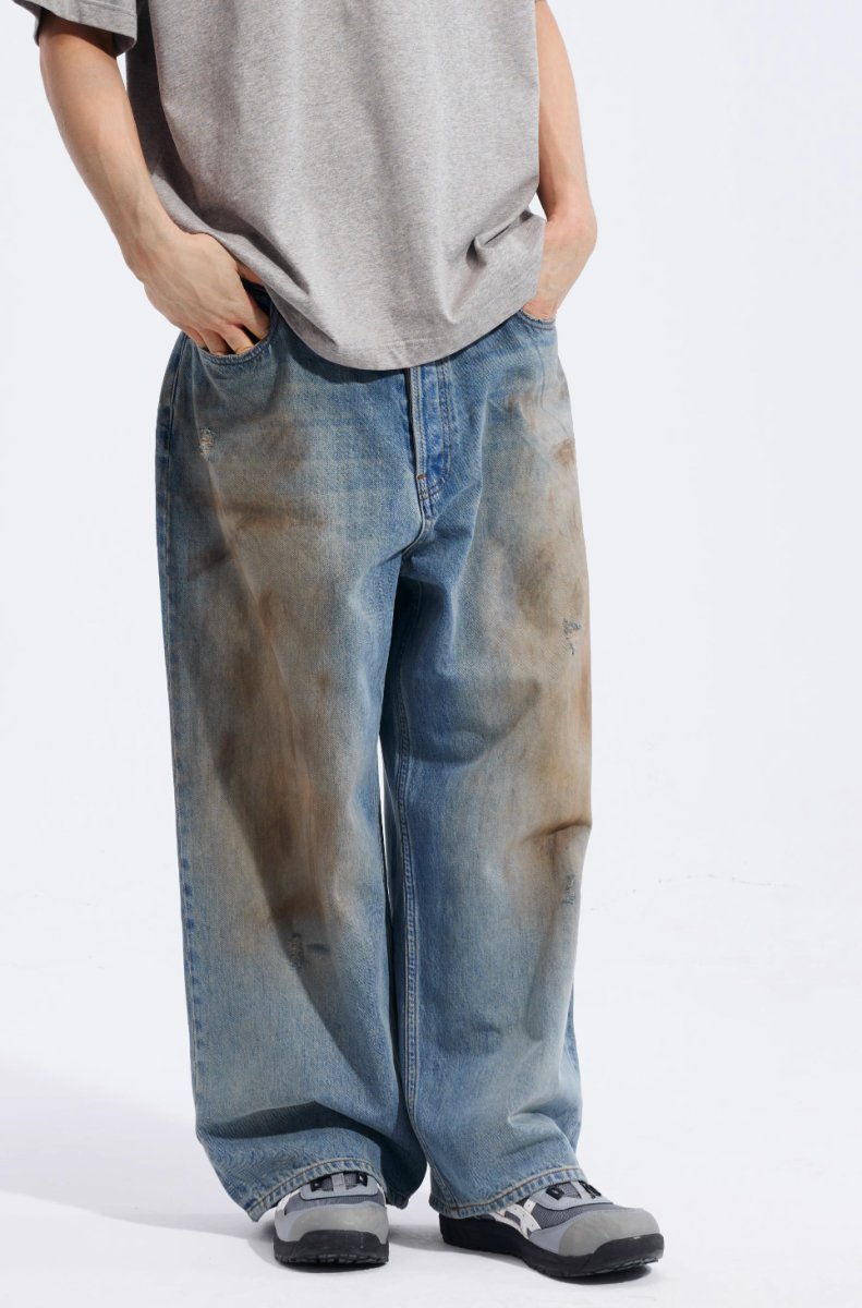 stain dirty denim pants / ステイン＆ダーティ加工ワイドデニムパンツ N4169 - NNine