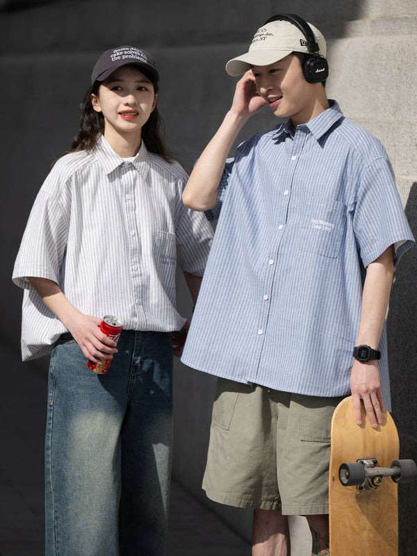 ストライプ半袖シャツ メンズ レディース 綿100% ポケット付き｜Striped Short Sleeve SHIRT N3399