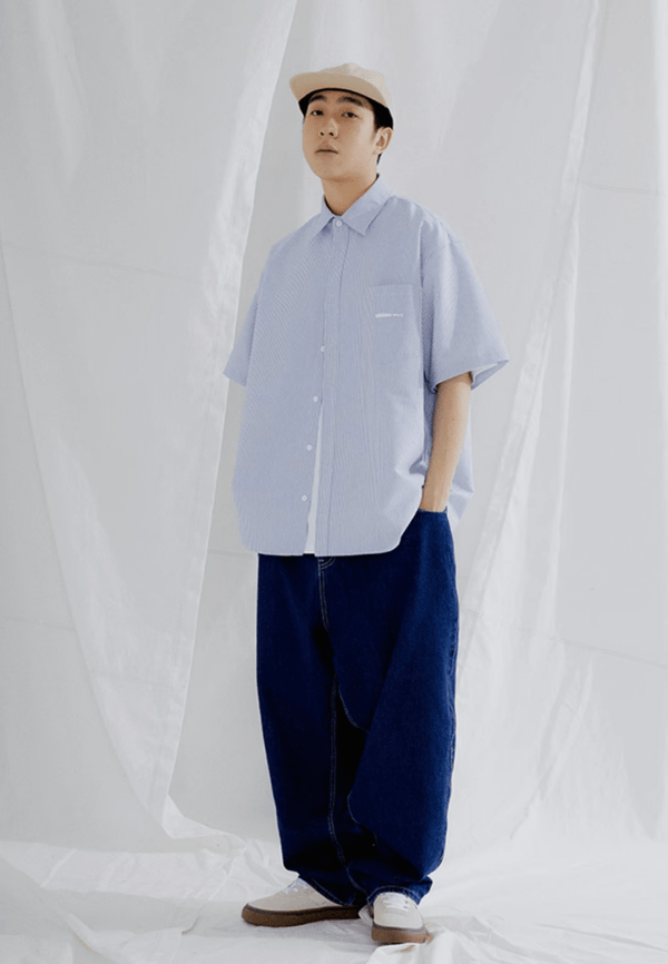 ブルーストライプ 半袖シャツ ウェルトポケット リラックス / Striped SS Shirt N5475