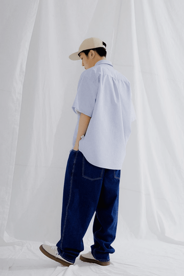 ブルーストライプ 半袖シャツ ウェルトポケット リラックス / Striped