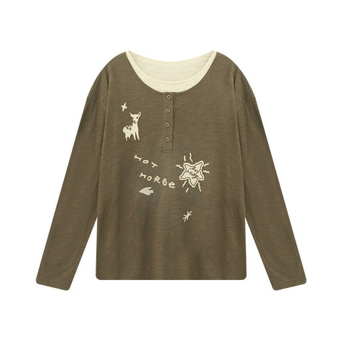 Hand-Embroidered Henley-Neck Long-Sleeve T-Shirt N6678