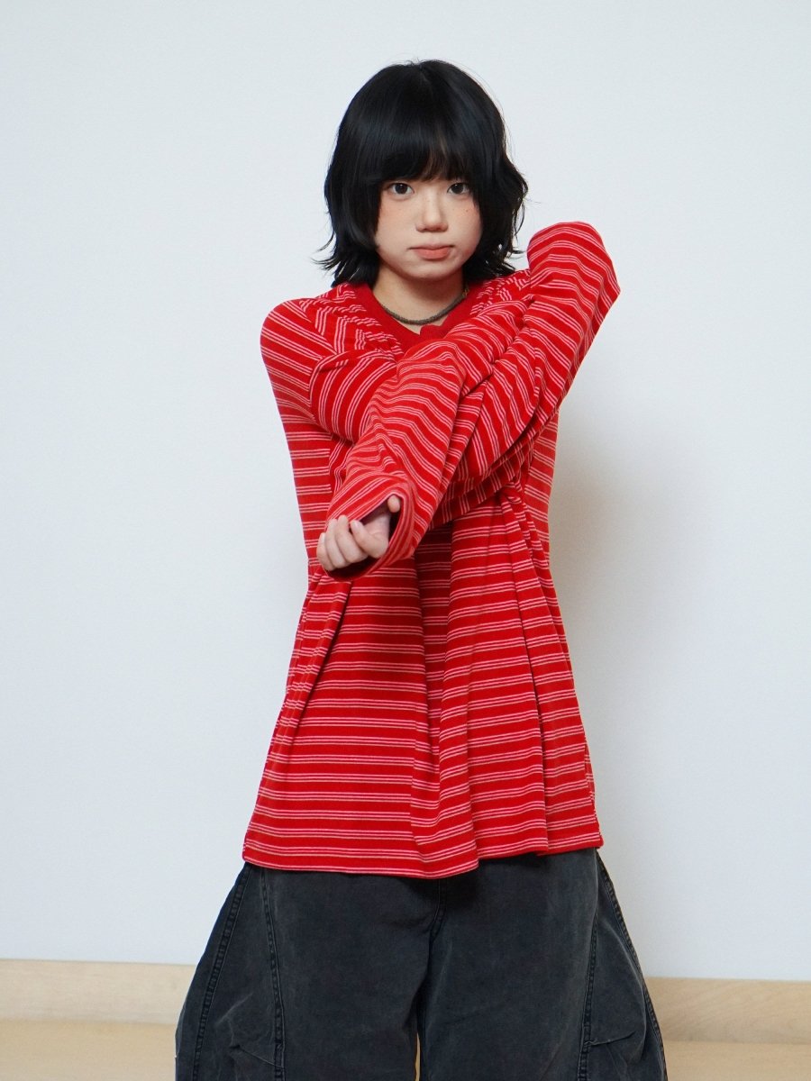 レッドボーダールーズロングTシャツ N6776 - ファッション通販NNine（ナイン）