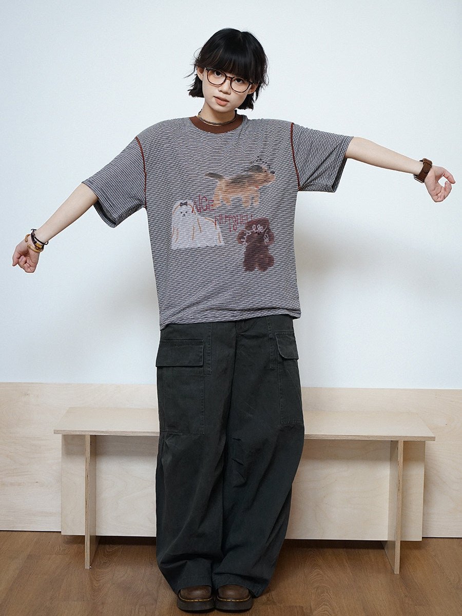 ピンボーダー アニマルグラフィック リンガーTシャツ N6868 - ファッション通販NNine（ナイン）
