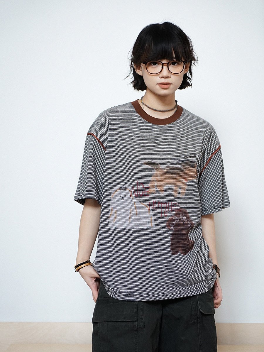 ピンボーダー アニマルグラフィック リンガーTシャツ N6868 - ファッション通販NNine（ナイン）