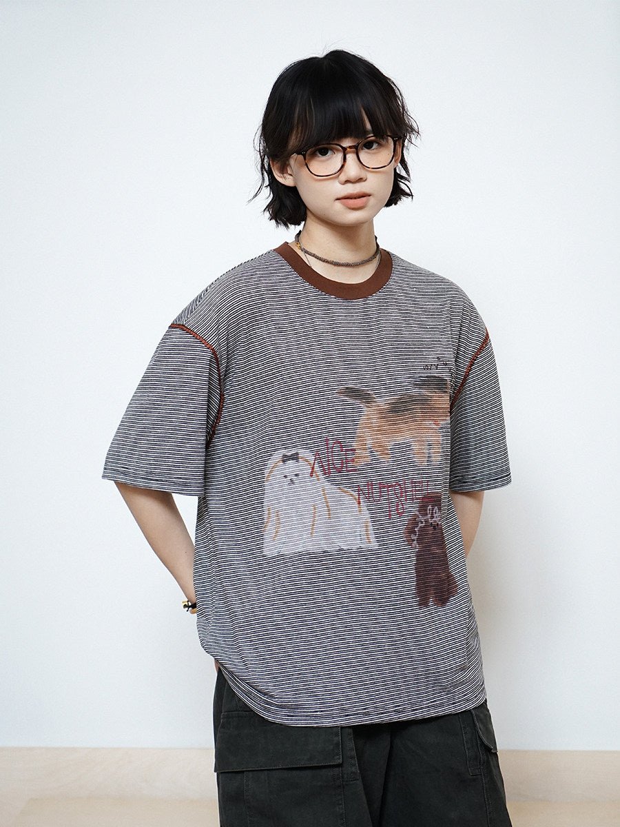ピンボーダー アニマルグラフィック リンガーTシャツ N6868 - ファッション通販NNine（ナイン）