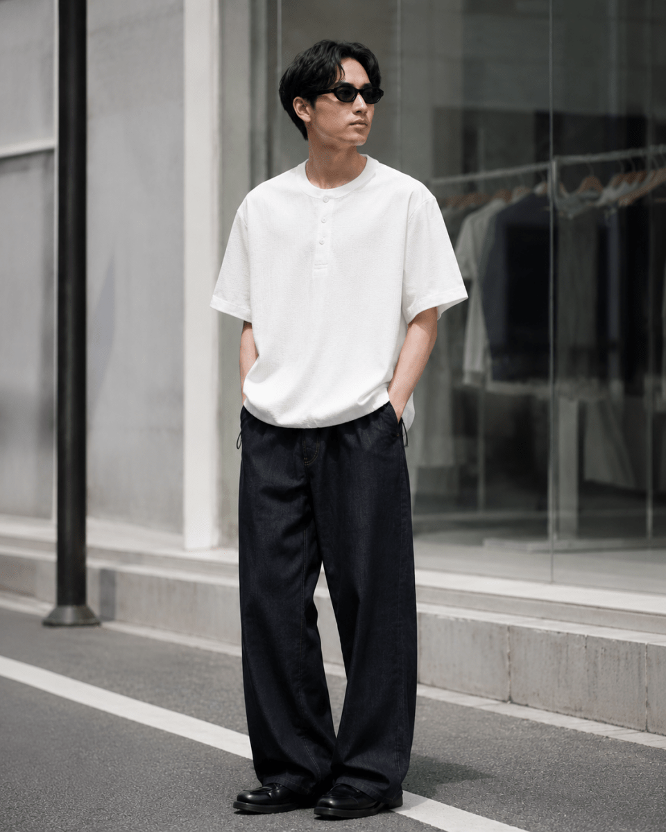 ワッフル地 ヘンリーネック 裾ドロスト Tシャツ　N6981 - ファッション通販NNine（ナイン）