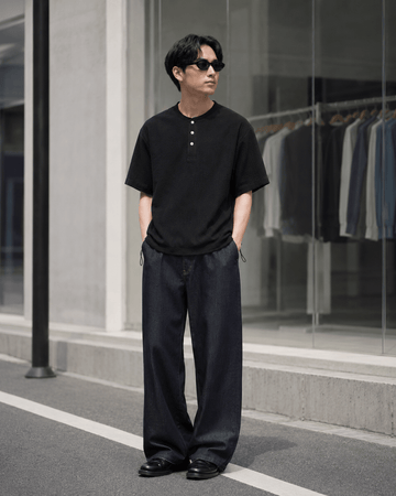 ワッフル地 ヘンリーネック 裾ドロスト Tシャツ N6981