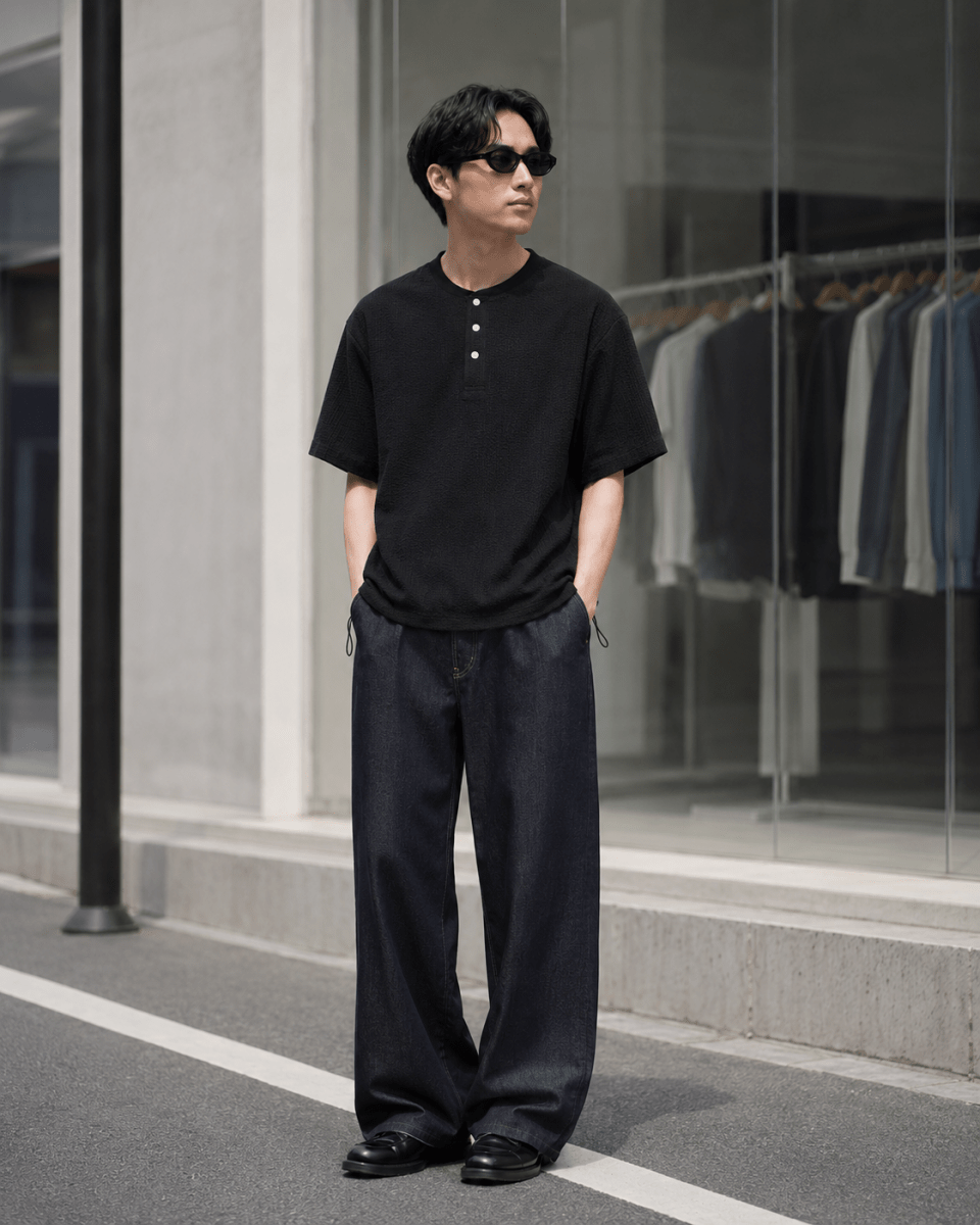 ワッフル地 ヘンリーネック 裾ドロスト Tシャツ　N6981 - ファッション通販NNine（ナイン）