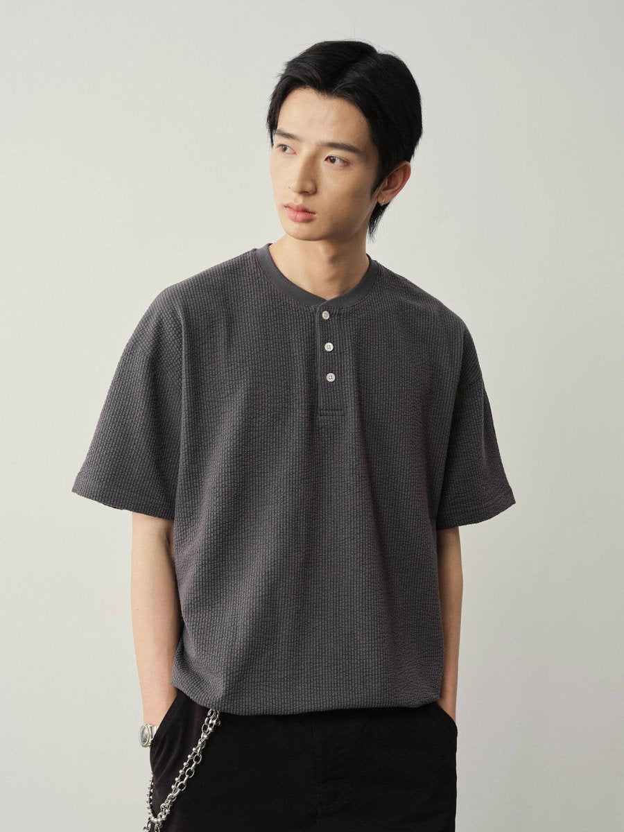 ワッフル地 ヘンリーネック 裾ドロスト Tシャツ　N6981 - ファッション通販NNine（ナイン）