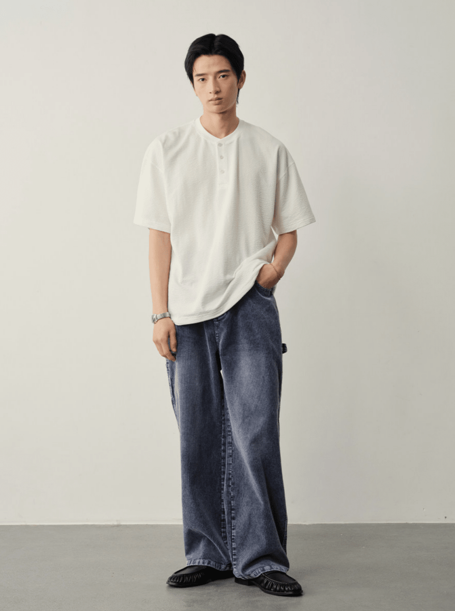 ワッフル地 ヘンリーネック 裾ドロスト Tシャツ　N6981 - ファッション通販NNine（ナイン）