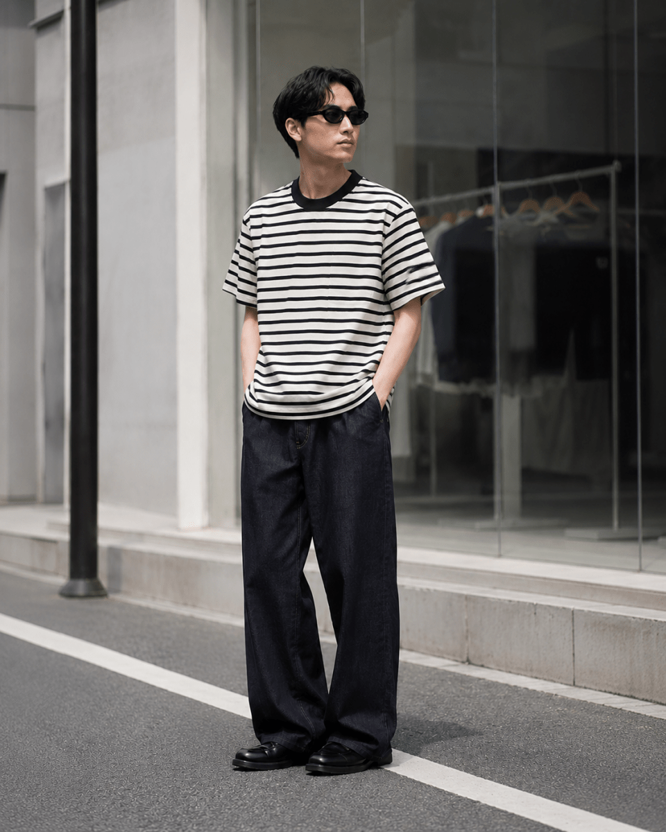 太ボーダー オーバーサイズ クルーネックTシャツ　N6990 - ファッション通販NNine（ナイン）