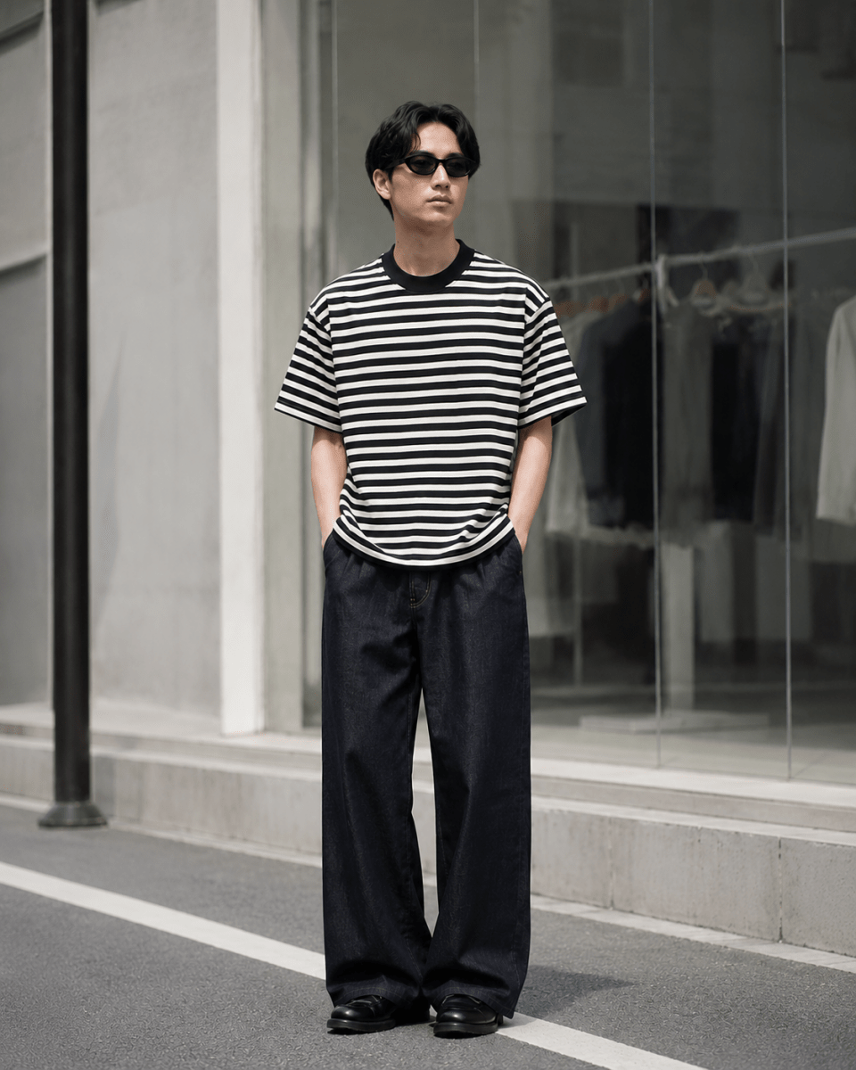 太ボーダー オーバーサイズ クルーネックTシャツ　N6990 - ファッション通販NNine（ナイン）