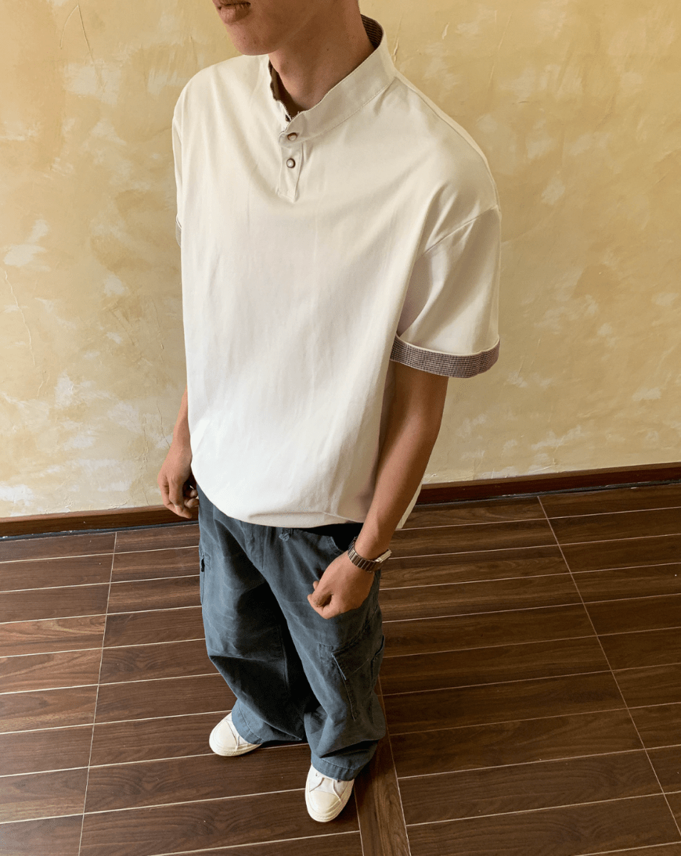 千鳥格切替ヘンリーネックゆったりTシャツ N7114 - ファッション通販NNine（ナイン）