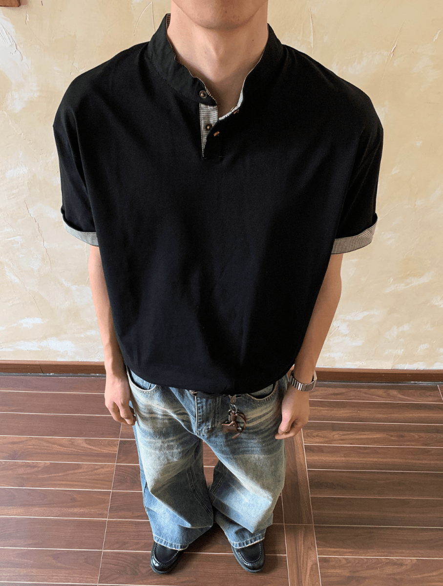 千鳥格切替ヘンリーネックゆったりTシャツ N7114 - ファッション通販NNine（ナイン）