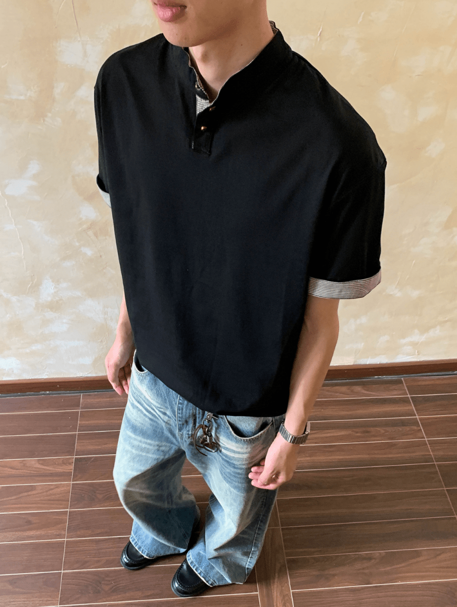 千鳥格切替ヘンリーネックゆったりTシャツ N7114 - ファッション通販NNine（ナイン）