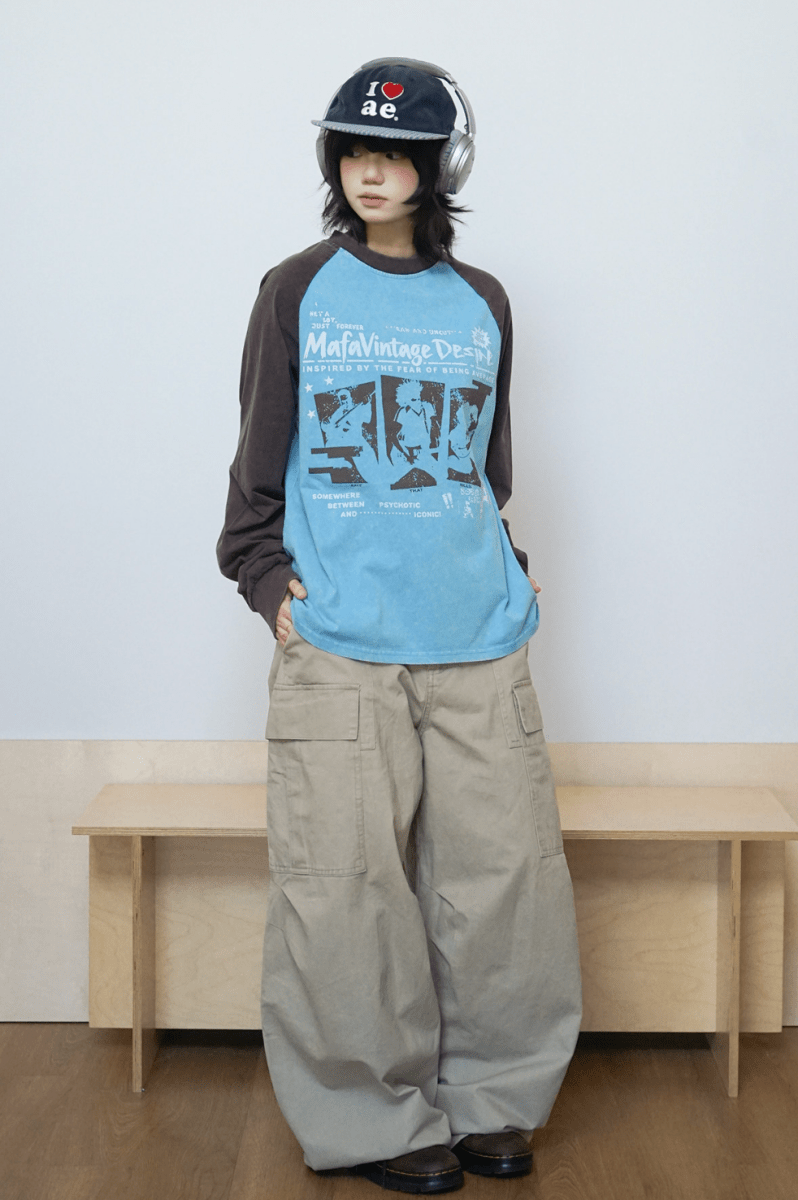 コットンラグラン袖バンドプリント長袖Tシャツ　N7251 - ファッション通販NNine（ナイン）