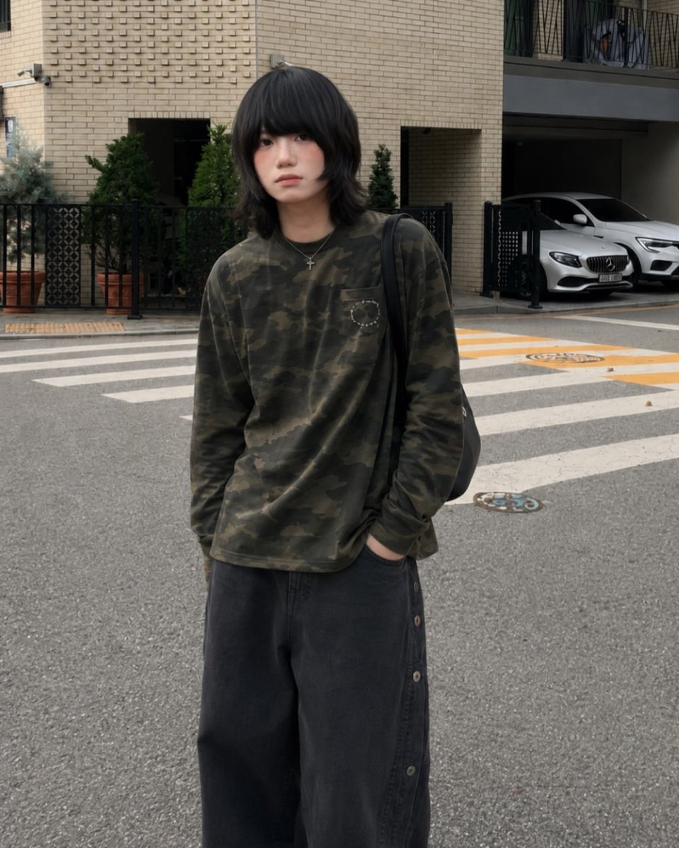 ワッフルカモフラージュ刺繍ロングTシャツ　N7271 - ファッション通販NNine（ナイン）