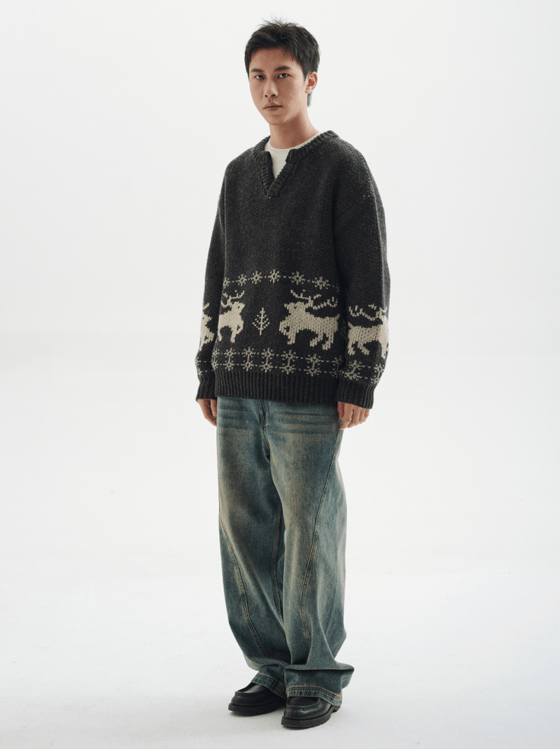 【ウールブレンド】V neck deer knit sweater N4798 - NNine