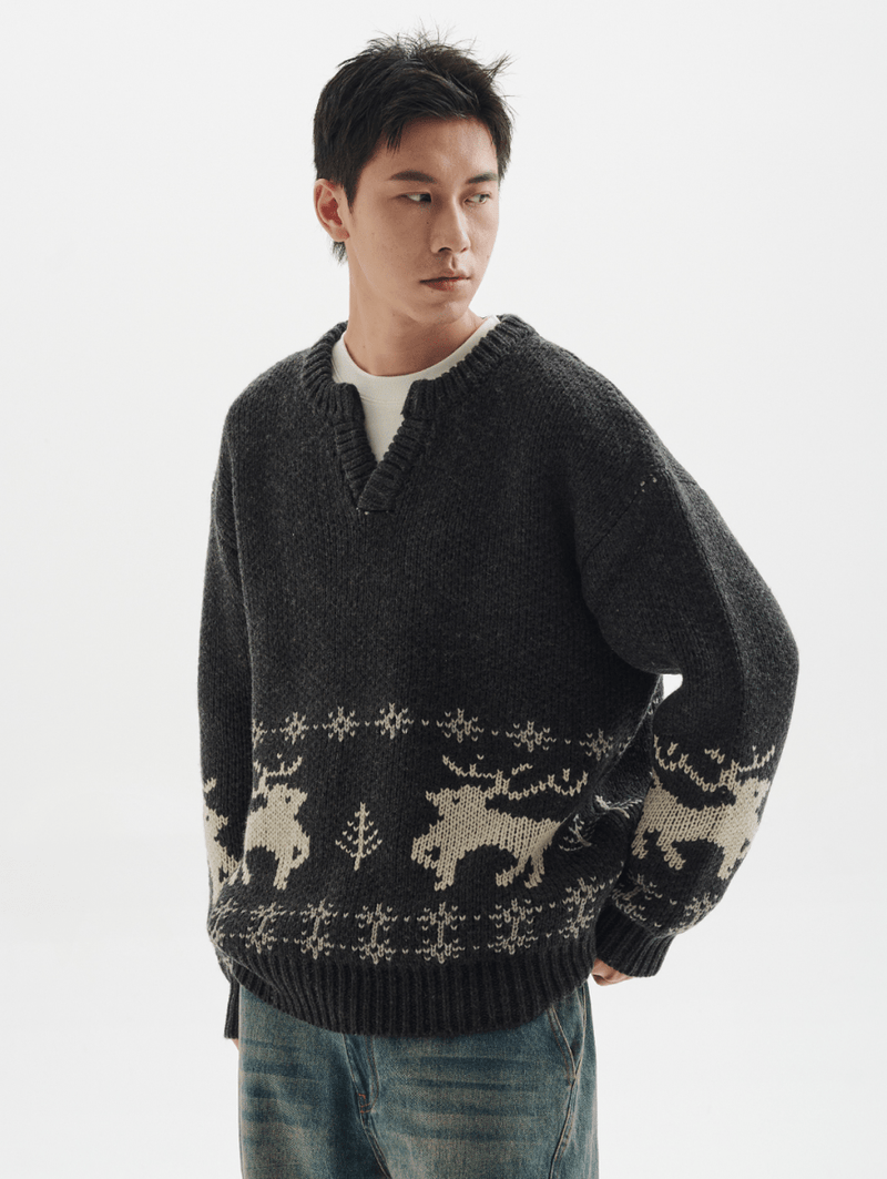 【ウールブレンド】V neck deer knit sweater N4798 - NNine