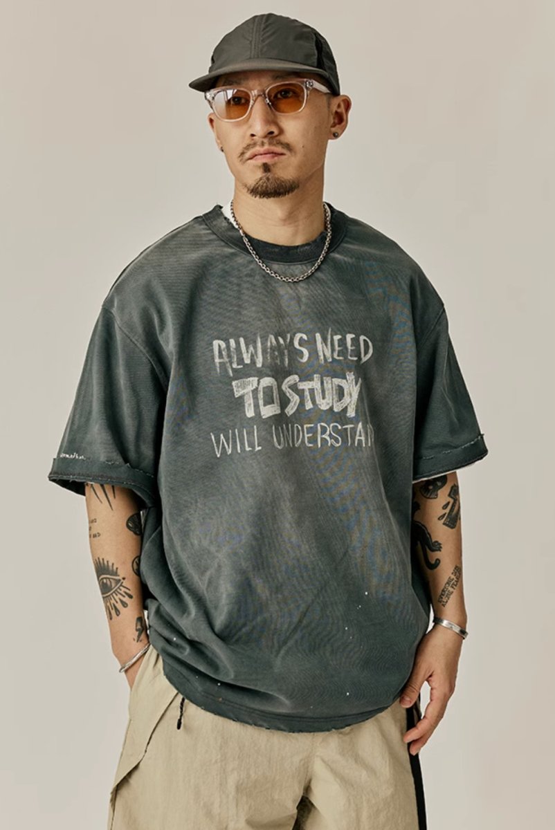 Washed distressed print T-shirt N3396 - NNine