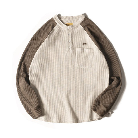 Retro Henley Neck Waffle Long-Sleeve T-Shirt N3228