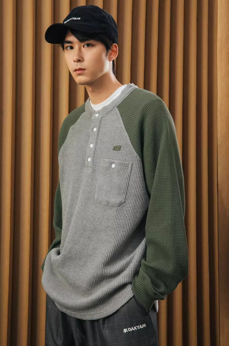 Retro Henley Neck Waffle T-Shirt N3228 - NNine